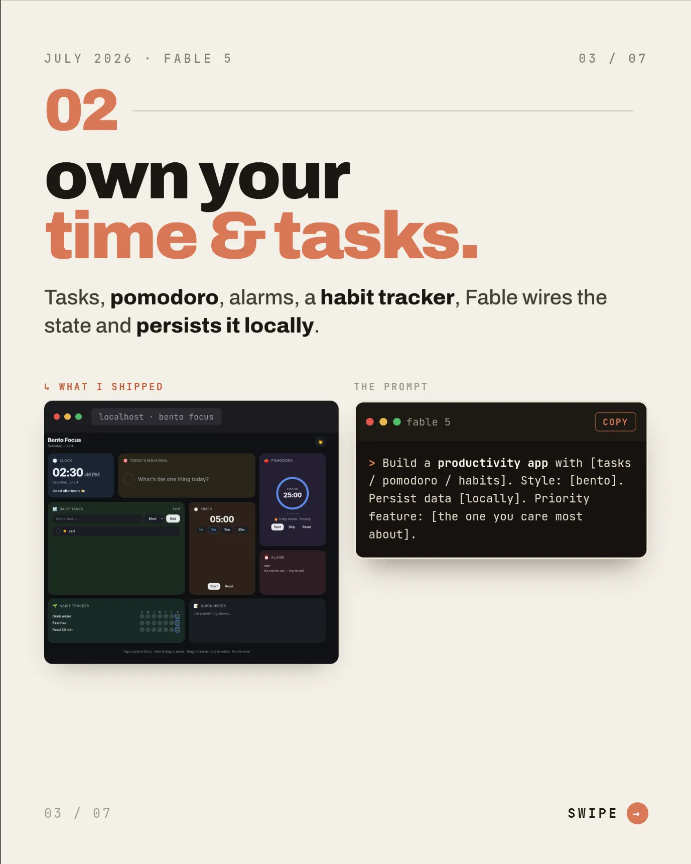 Slide: own your time and tasks, with the Bento Focus dashboard